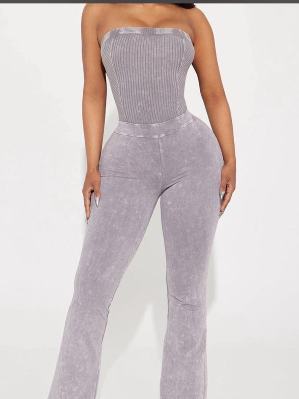 Fashion Nova Strapless Ribbed Bootcut Jumpsuit in Light Gray